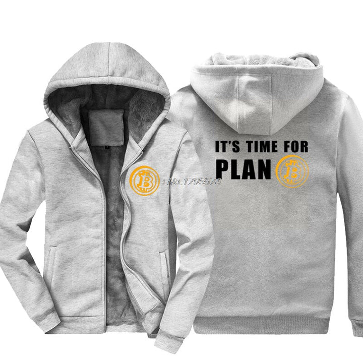 Heren Bitcoin hoodie 'Tijd voor Plan B', warm en stijlvol, ideaal voor crypto fans en winterkleding.