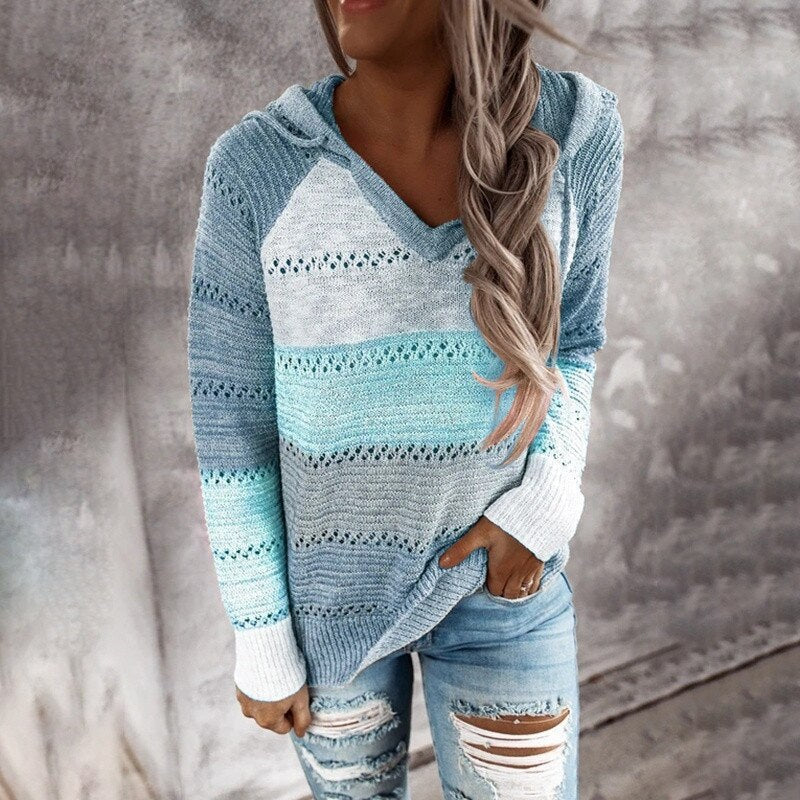 Casual dames patchwork sweater met capuchon, ideaal voor een relaxte look in de lente of herfst. Comfortabel en trendy.