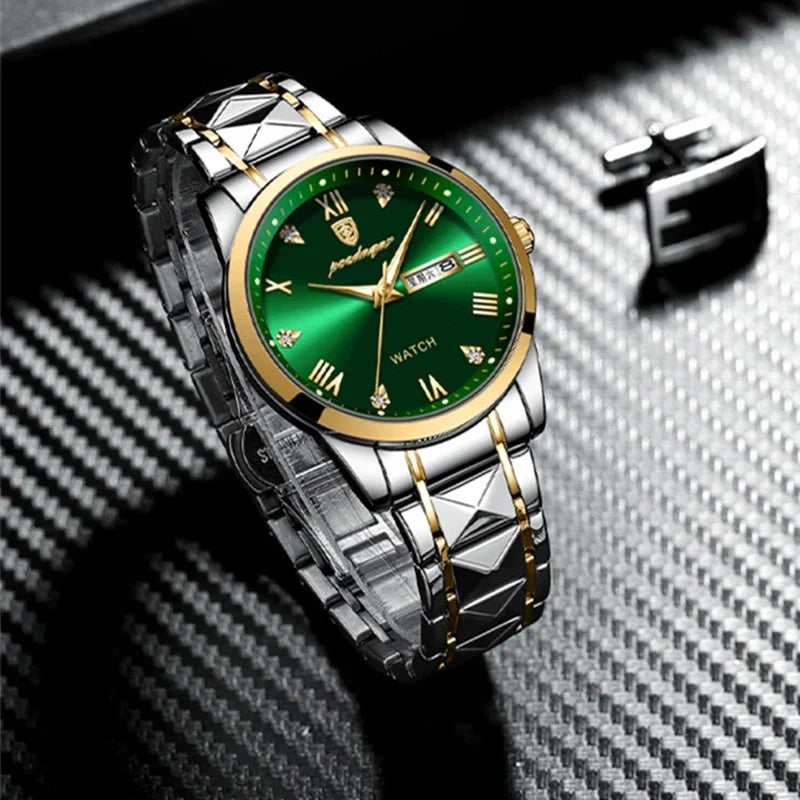 Elegant heren quartz horloge met datumweergave en stopwatchfunctie, zwarte wijzerplaat, luxe uitstraling.