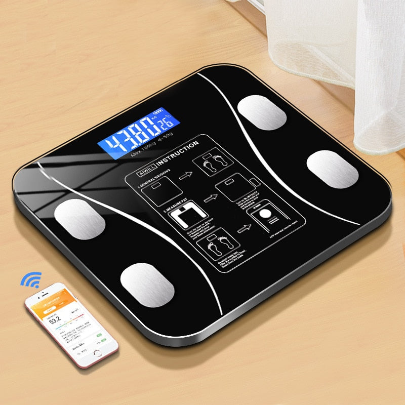 Digitale lichaamsanalyse weegschaal toont BMI, vetpercentage en spiermassa voor nauwkeurige gezondheidsinzichten.