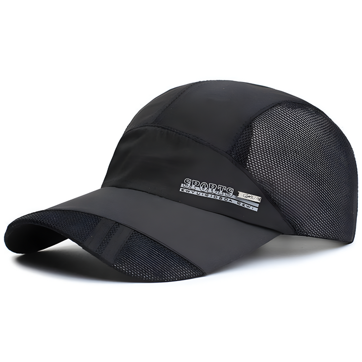 Nieuwe heren sportpet met verstelbare riem, ademend materiaal en UV-bescherming, ideaal voor training.
