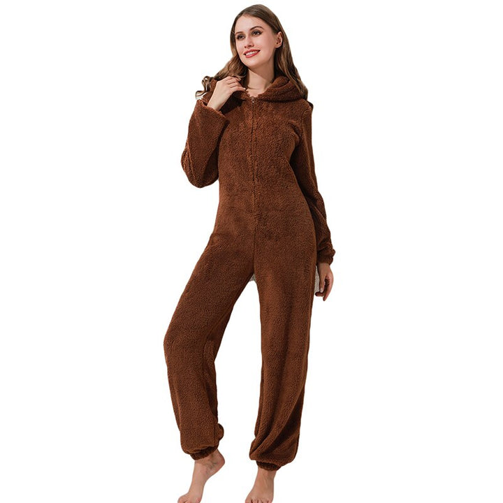Gevoerde pluche winter jumpsuit in grijs, de perfecte dames nachtkleding voor de kou.