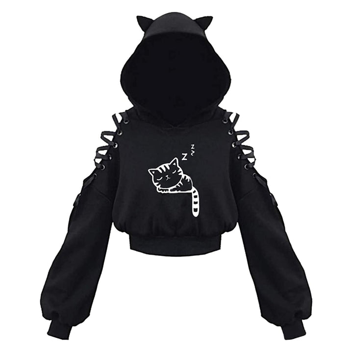 Model draagt zwarte dames kattenhoodie met oren, toont casual en comfortabele pasvorm.