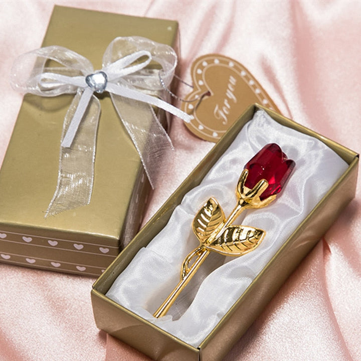 Elegante glazen roos met presentatiebox; romantisch liefdesgeschenk. Luxe cadeau voor haar.