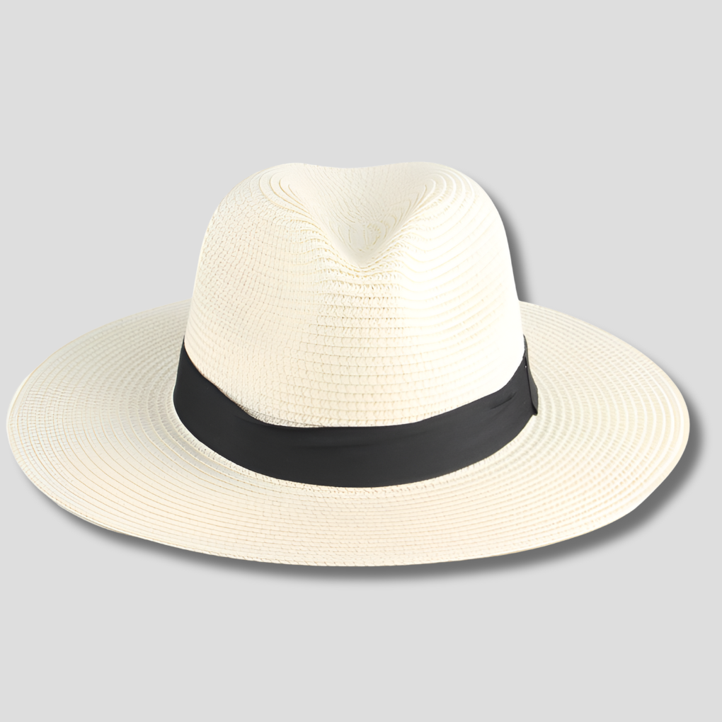 Lichtgewicht witte heren zonnehoed van Panama stro, biedt optimale zonbescherming. Ideaal als zomer accessoire of strandhoed.