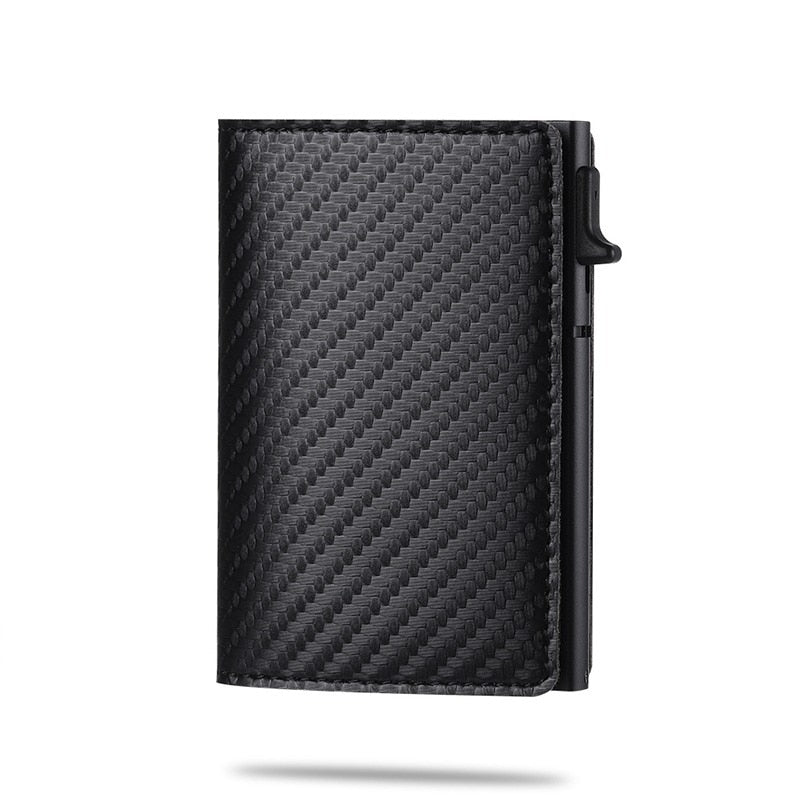 Compacte moderne AirTag heren portemonnee, zwart carbon design, slank en efficiënt voor al je pasjes.