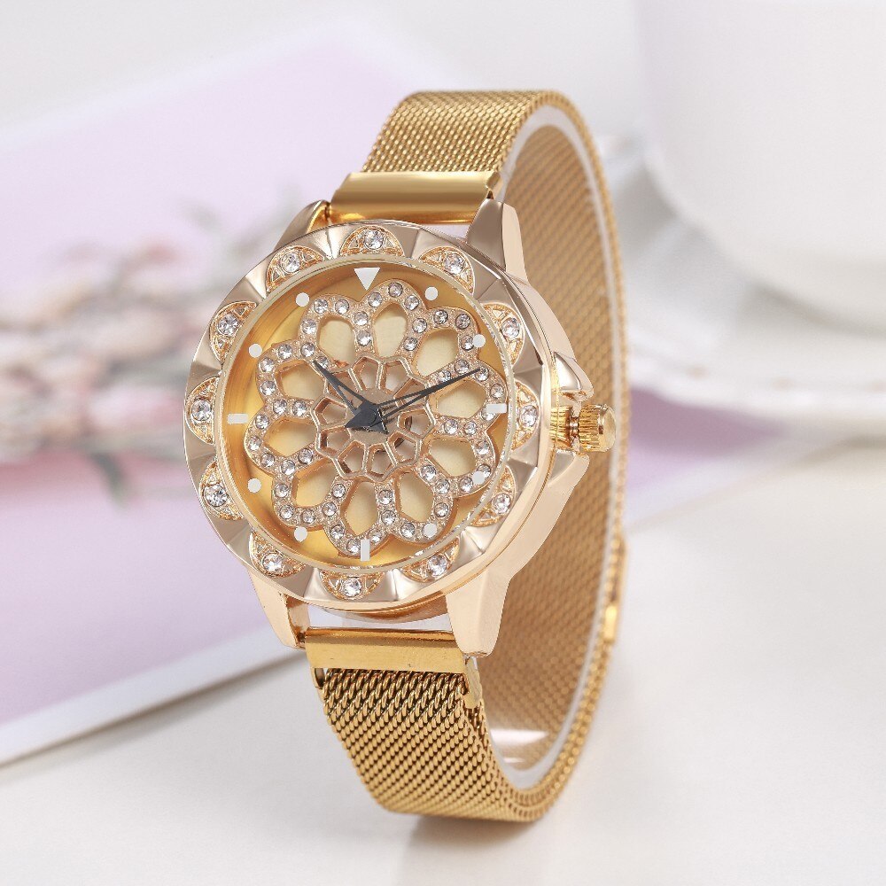 Vrouwen bloemhorloge met kristallen wijzerplaat en delicate bloempatroon, ideaal modeaccessoire.