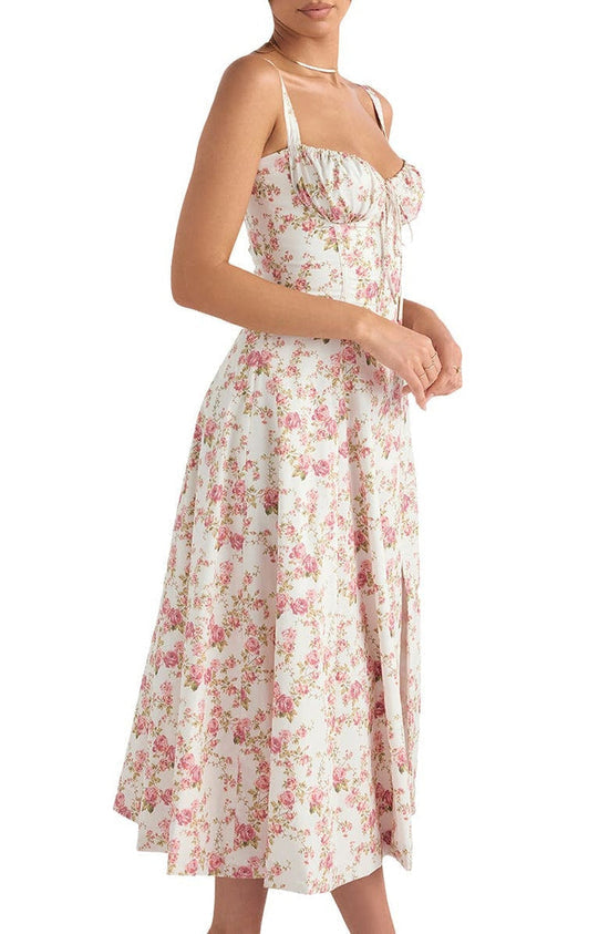 Mouwloze zomerjurk voor dames, comfortabel met gebloemd dessin en accent op de taille.