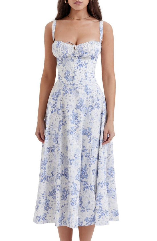 Lange gebloemde maxi jurk voor dames, stijlvol met tailleaccent voor zomerse feesten.