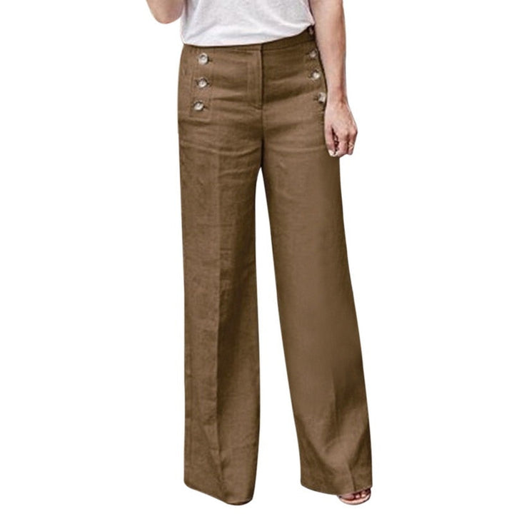 Stijlvolle damesbroek, hoge taille en wijde pijpen, perfect voor een casual of elegante lente outfit.