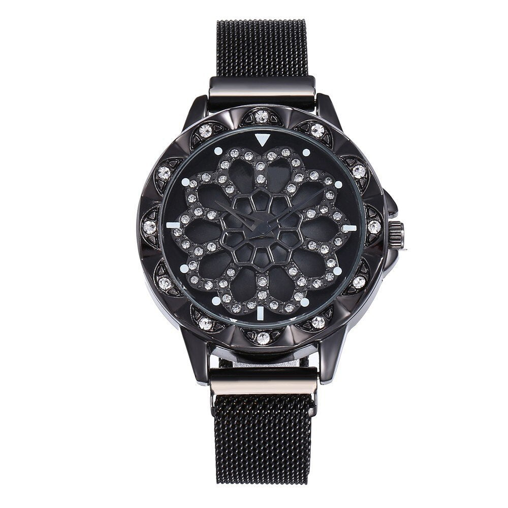 Dames bloemhorloge met elegante meshband om de pols, kristallen wijzerplaat, perfect cadeau voor haar.