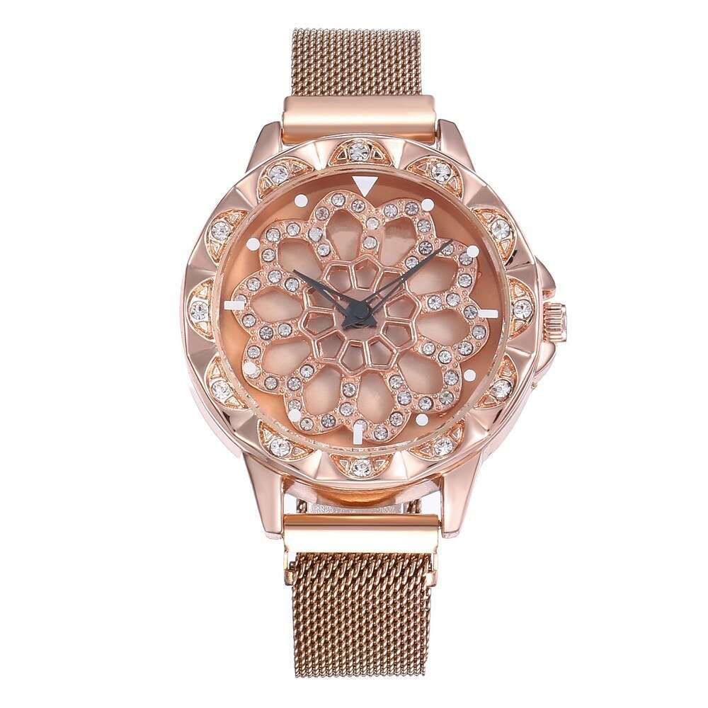 Elegant dames bloemhorloge met kristallen wijzerplaat, rosegouden kast en meshband.