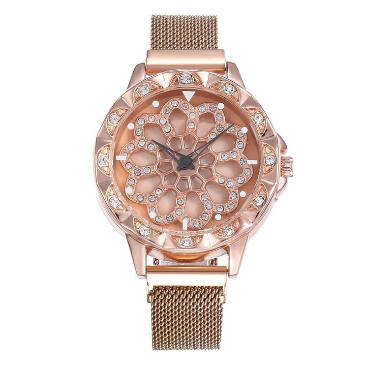 Elegant dames bloemhorloge met kristallen wijzerplaat, rosegouden kast en meshband.