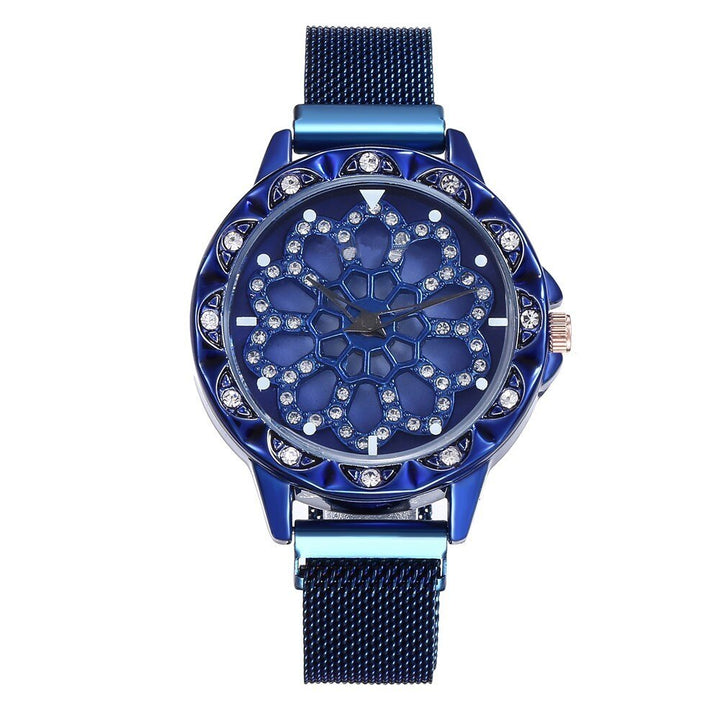 Stijlvol dames quartz horloge: bloemdesign, kristallen wijzerplaat, rosegoudkleurige kast en meshband.