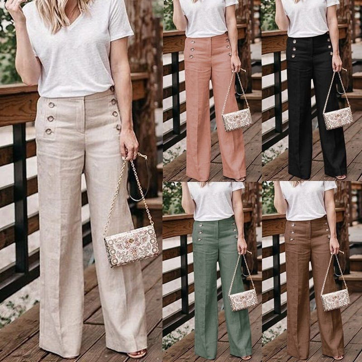Dames linnen broek met hoge taille en wijde pijpen; comfortabel en stijlvol voor lente/zomer.
