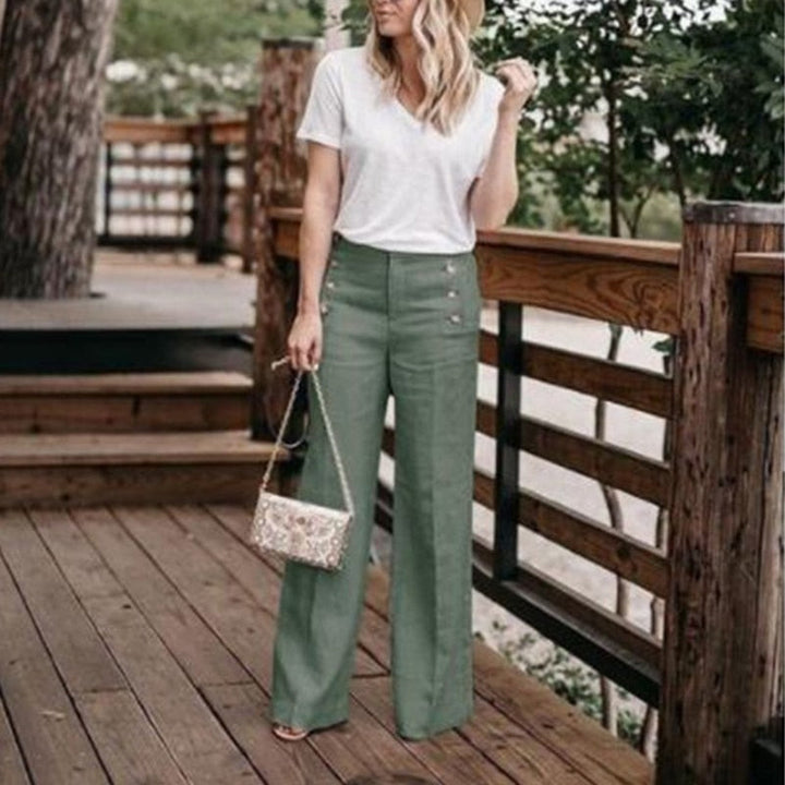 Zomerse damesmode: comfortabele linnen broek, hoge taille, wijde pijpen voor een ruime en elegante pasvorm.