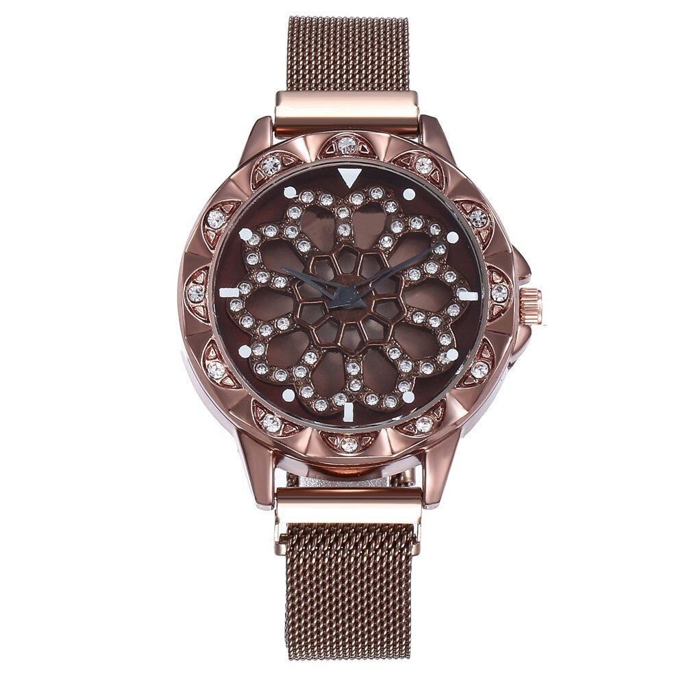 Rosegoud dames bloemhorloge, kristallen wijzerplaat, roestvrijstalen meshband; stijlvol modeaccessoire.