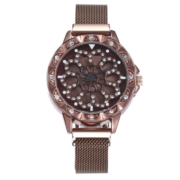 Rosegoud dames bloemhorloge, kristallen wijzerplaat, roestvrijstalen meshband; stijlvol modeaccessoire.