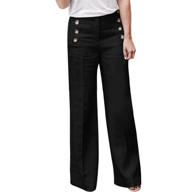 Comfortabele dames zomerbroek van linnen, met trendy hoge taille en modieuze wijde pijpen.