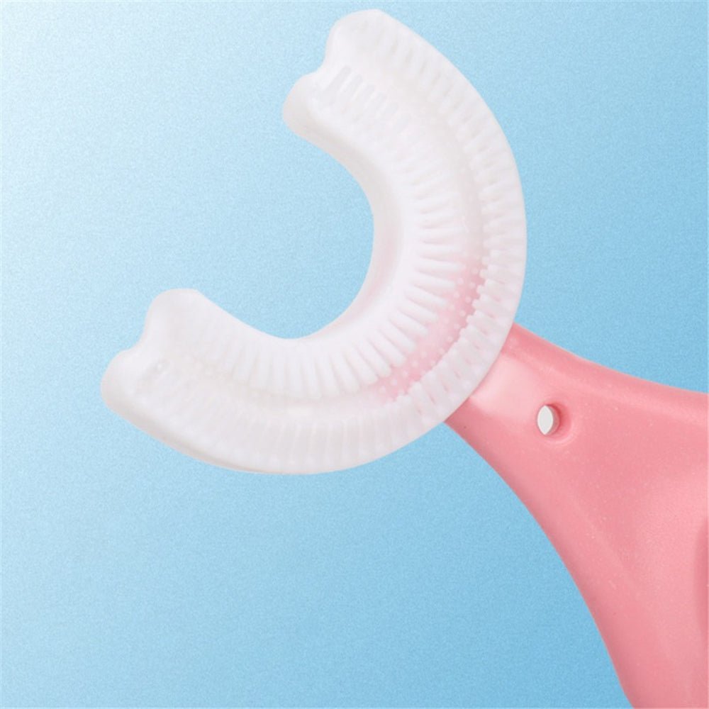 U-vormige siliconen tandenborstel, perfect voor kinder mondhygiëne. Makkelijk poetsen voor peuters.