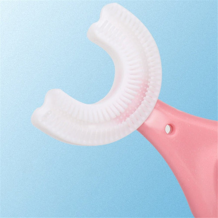 U-vormige siliconen tandenborstel, perfect voor kinder mondhygiëne. Makkelijk poetsen voor peuters.