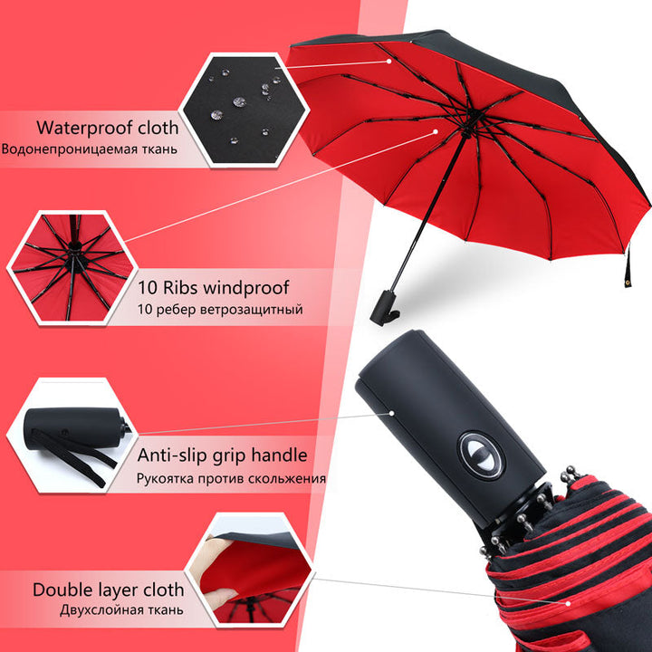 Zwarte stormparaplu, opengeklapt, bewijst zijn winddichte kwaliteit. Perfect voor herfstweer.