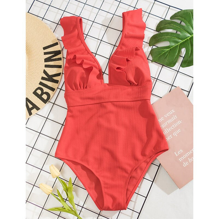 Stijlvol dames V-hals badpak, trendy zwemkleding met boho ruches. Perfect voor een kleurrijke zomer.