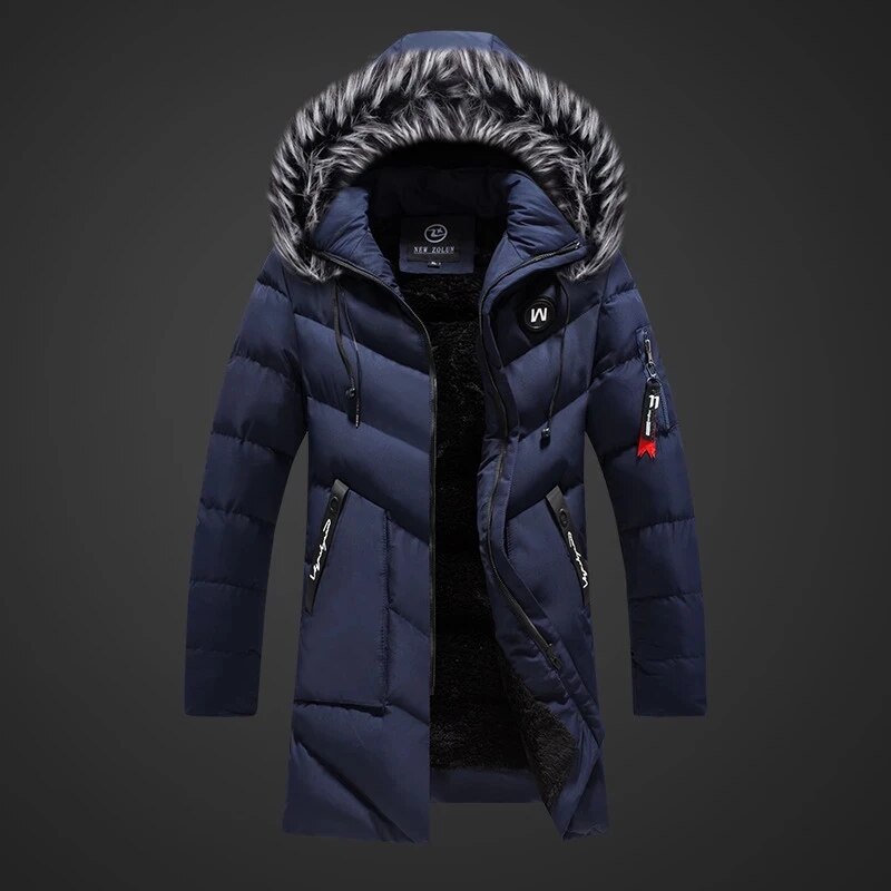 Close-up van de textuur en stof van een comfortabele heren winterjas parka. Duurzame en warme heren mode.