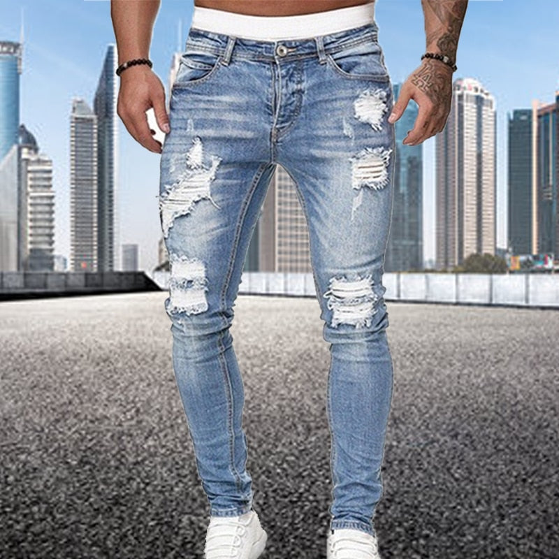 Gedurfde mannen slim fit jeans met stijlvolle ripped details en comfortabele pasvorm voor modebewuste heren.