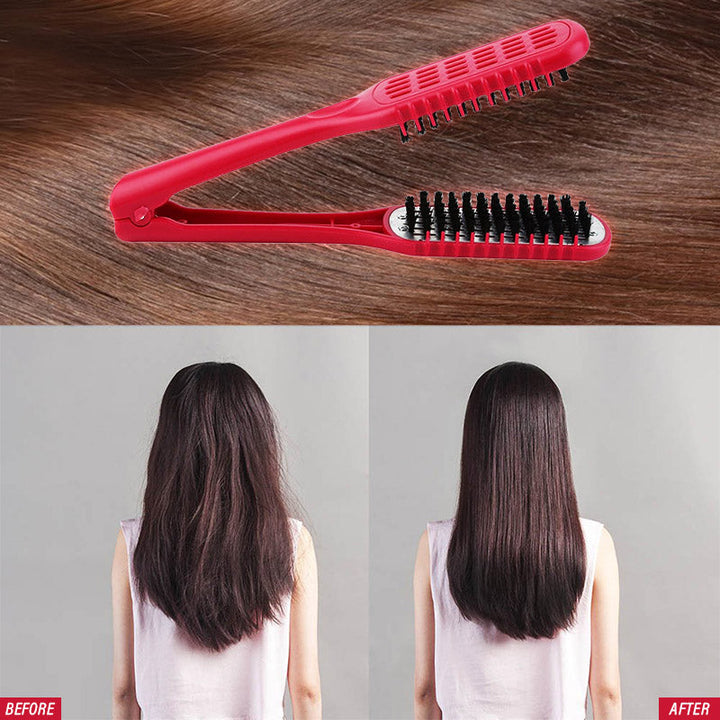 Vrouw stylet haar met de anti-pluis keramische stijlborstel voor een perfect glad resultaat.
