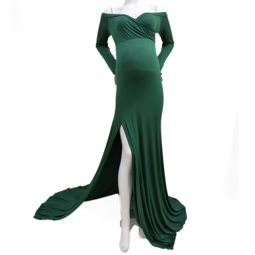 Comfortabele off-shoulder maxi zwangerschapsjurk voor dames. Perfecte zwangerschapsmode voor de groeiende buik.