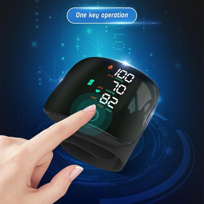 Compacte, draagbare digitale bloeddrukmeter voor de pols; zwarte unisex monitor voor gezondheidsbewustzijn.