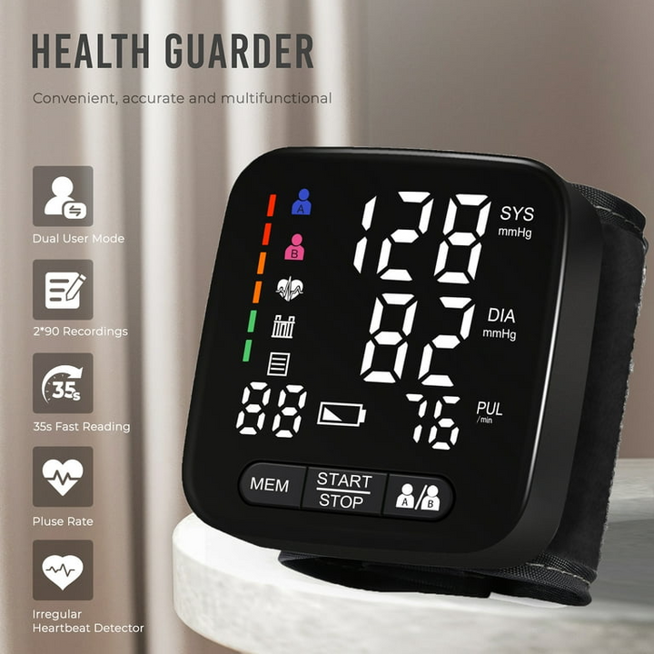 Hele jaar door bloeddruk monitoren met deze compacte unisex polsbloeddrukmeter smartwatch; digitale precisie.