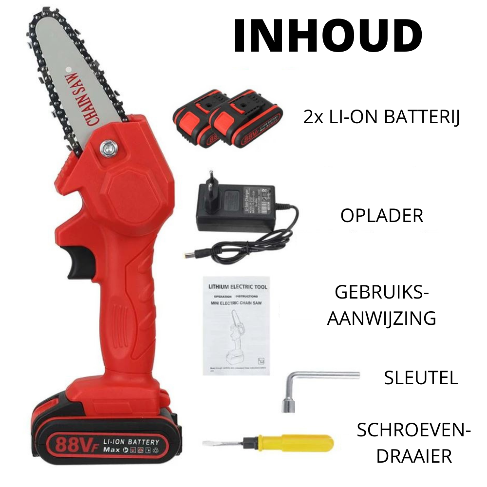 Draadloze elektrische zaag in actie, makkelijk bomen snoeien. Essentieel tuingereedschap.