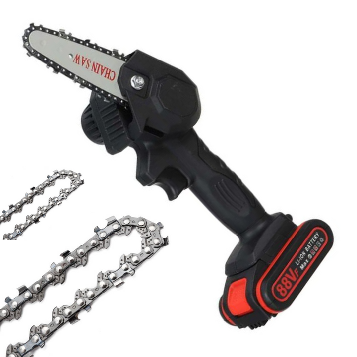 Elektrische snoeizaag met accu, lader en beschermkap. Complete set voor veilig tuinonderhoud.