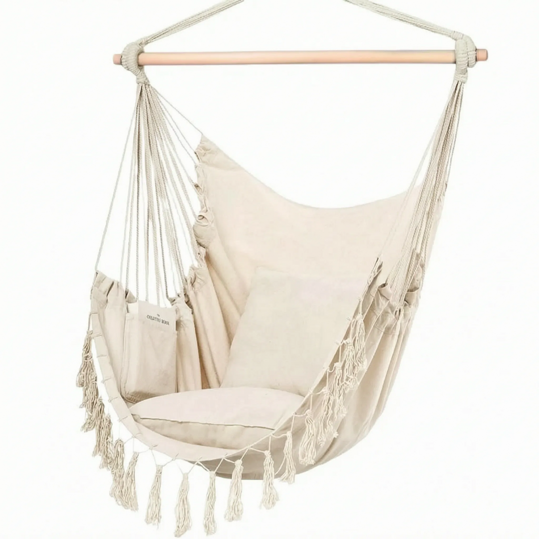 Lichtgrijze canvas hangstoel, ideale relaxstoel voor woonkamer of slaapkamer. Creëer een comfortabele zithoek.