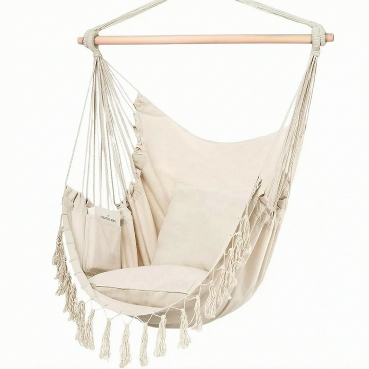 Lichtgrijze canvas hangstoel, ideale relaxstoel voor woonkamer of slaapkamer. Creëer een comfortabele zithoek.