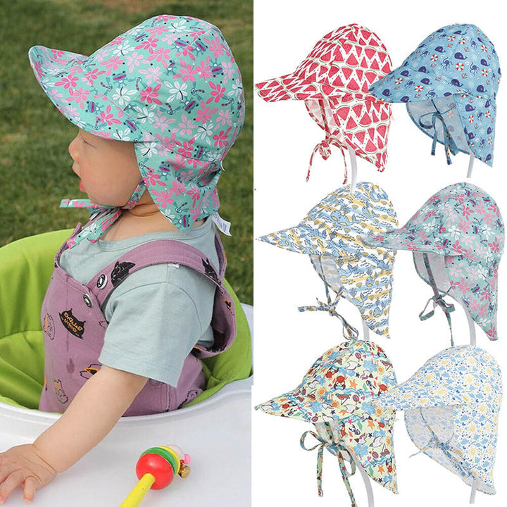 UV-bestendige kinder zonnehoed met nekflap, perfect voor baby's en kinderen tijdens warme zomerdagen.