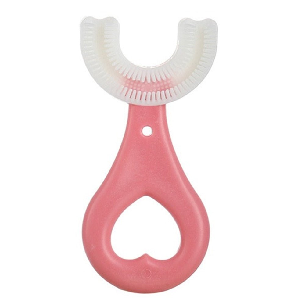 Zachte 360° reiniging met U-vorm kindertandenborstel. Ideaal voor baby's, peuters en hun mondhygiëne.