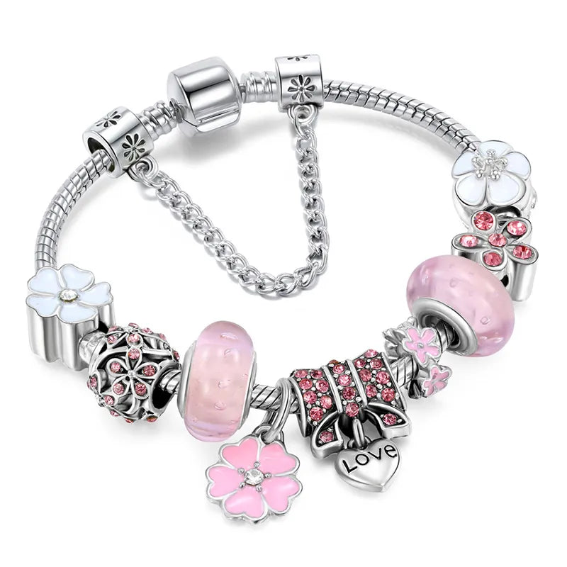 Dames polsband: 925 sterling zilveren armband met schitterende bloemen charms, luxe en elegant.