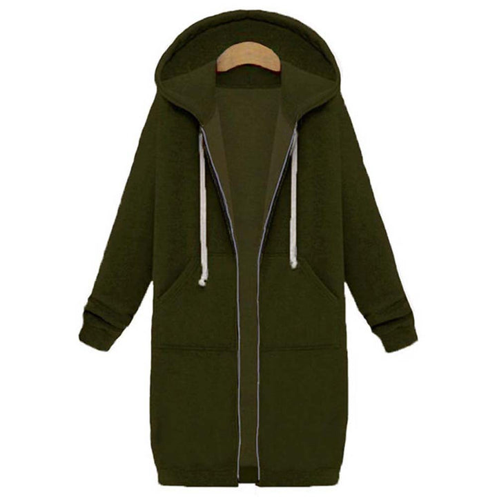 Moderne lange jas met capuchon voor dames, biedt warmte en een casual look.