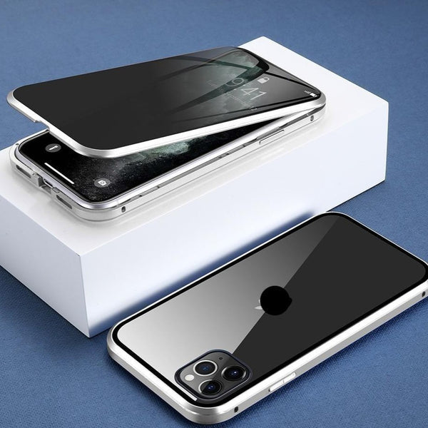 Zijaanzicht van de slanke PrivaGuard magnetische iPhone hoes, benadrukkend het aluminium frame en de privacyfunctie.