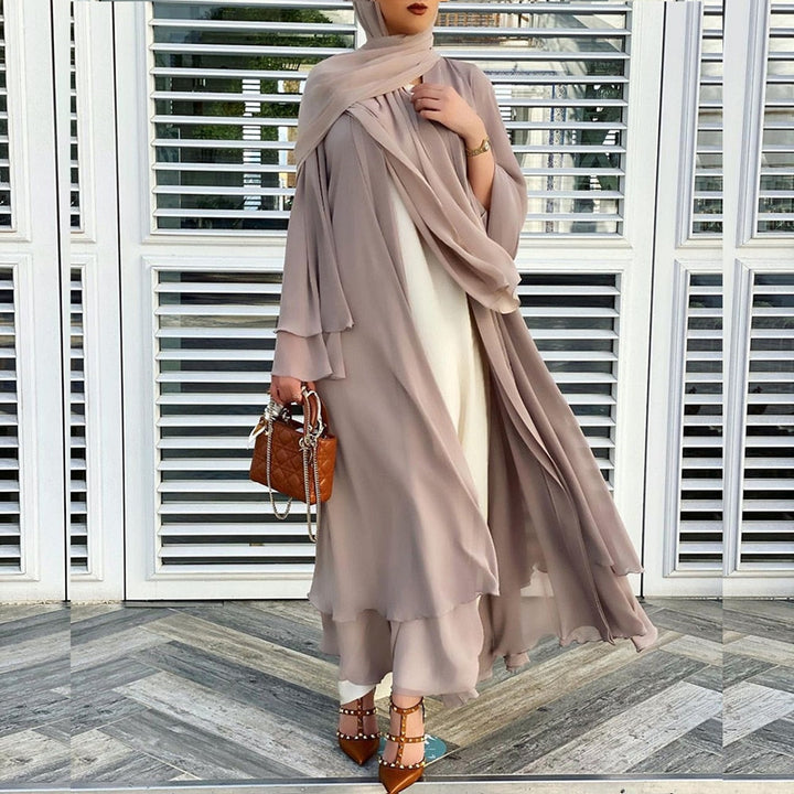 Dames Open Abaya Amina met bijpassende hoofddoek set. Comfortabele, stijlvolle islamitische kleding voor vrouwen.