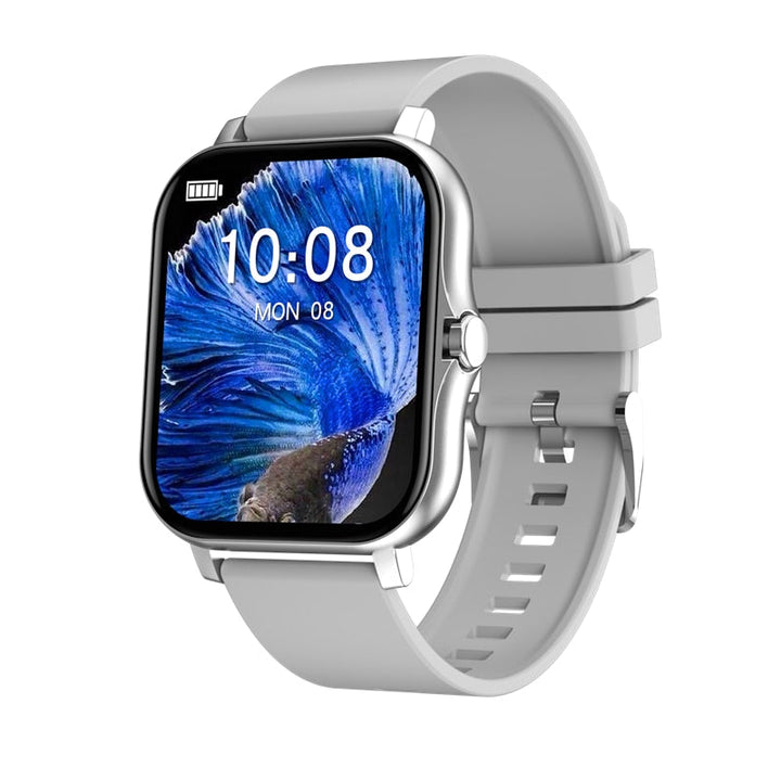 Close-up van het heldere display van de dames smartwatch, met hartslag- en stappenteller.