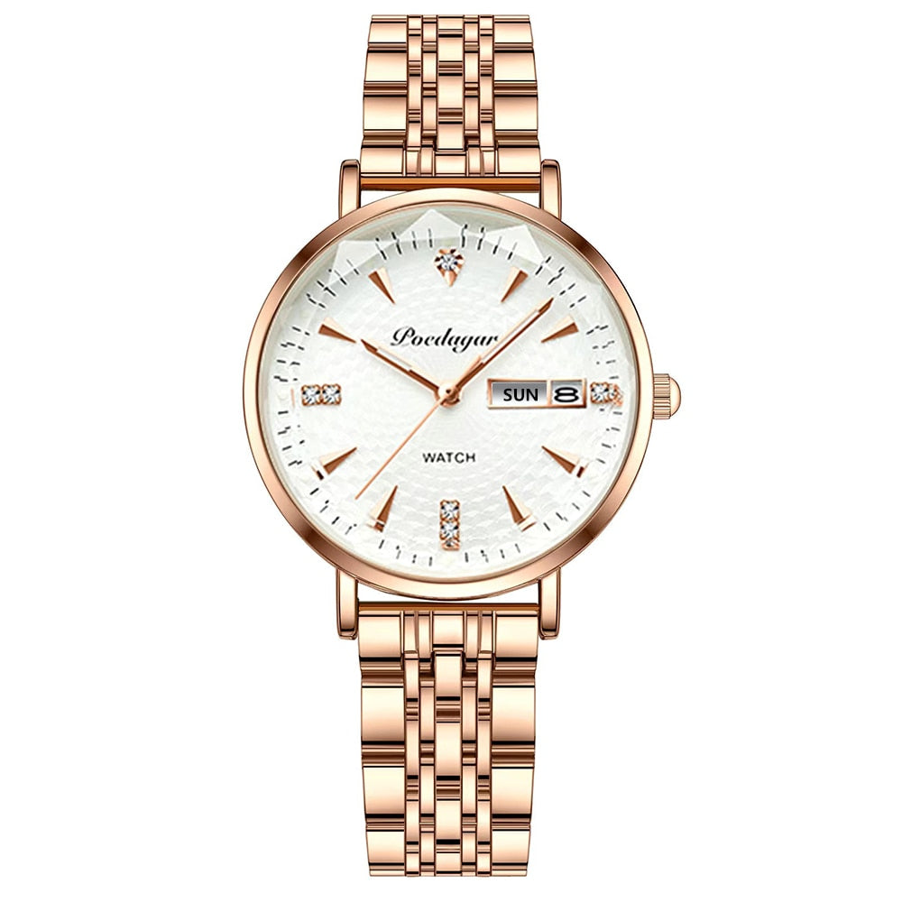 Dames CoolWatch™ horloge met strak wit wijzerplaat en rosegouden kast. Trendy en tijdloos design sieraad.