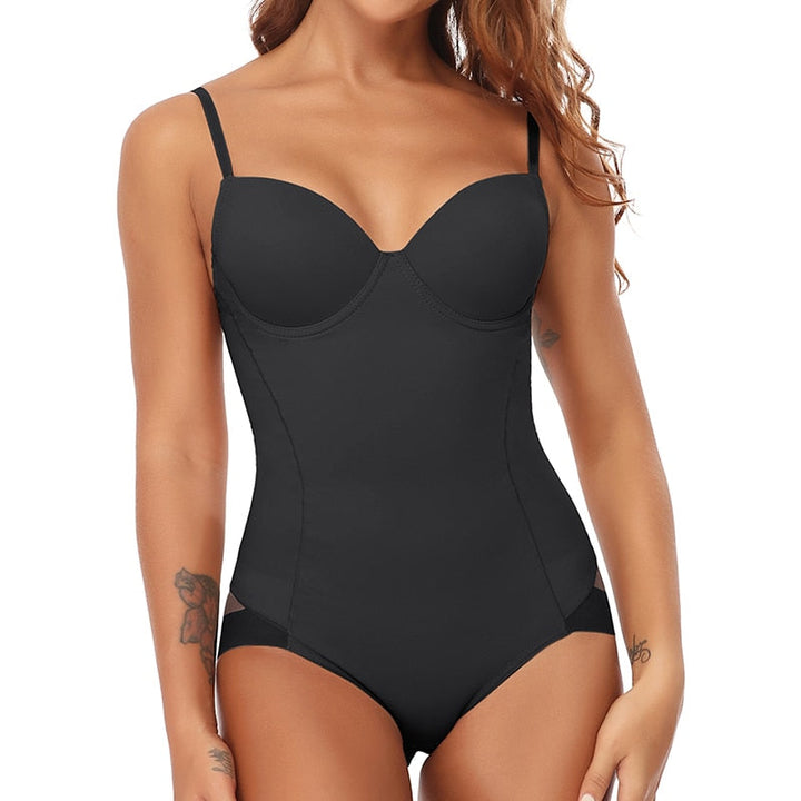 Beige figuurvormende bodysuit met V-hals, perfecte Élise shapewear voor een slank en ondersteund gevoel.