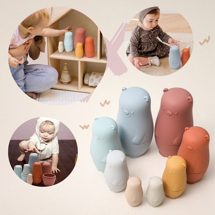 Set zachte siliconen beertjes stapelpoppetjes; ideaal educatief kinderspeelgoed voor baby's.