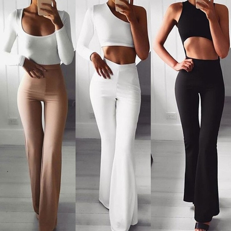 Zwarte dames flared broek met hoge taille en wijde pijpen, elegant en modieus voor elke gelegenheid.