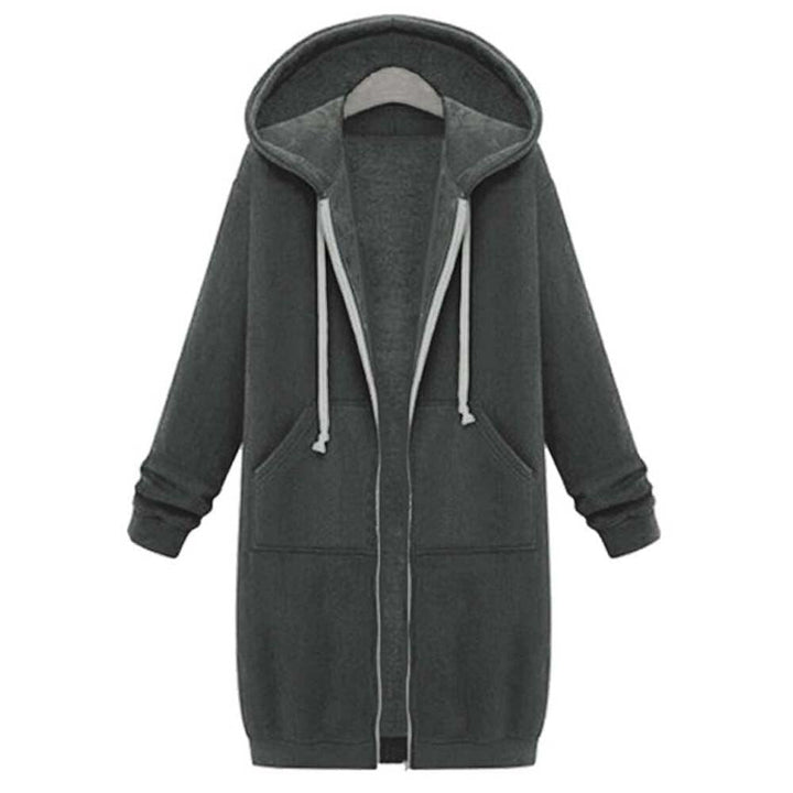 Elegante dames lange jas met capuchon, combineert comfort met trendy vrouwenmode.