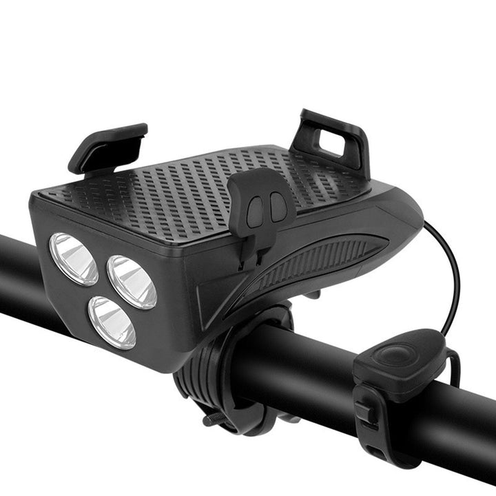 Essentieel fietsaccessoire: Heldere LED fietslamp, powerbank, telefoonhouder & luide claxon. USB opladen.